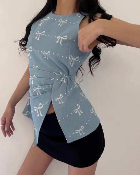 Chic Bow Print Denim Tops